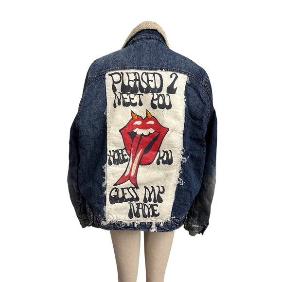 Aeropostale Denim Sherpa Jacket Upcycled Rolling Stones Hand Painted Graphic Art - Picture 1 of 13